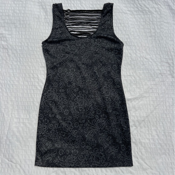 Poetry Grey Lace Print Backless Mini Dress with Draped Cords, L - Picture 2 of 8